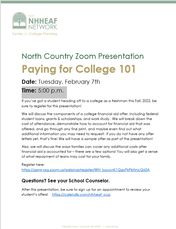 Zoom Presentation for Seniors and their Parents/Guardians on Tuesday, February 7th