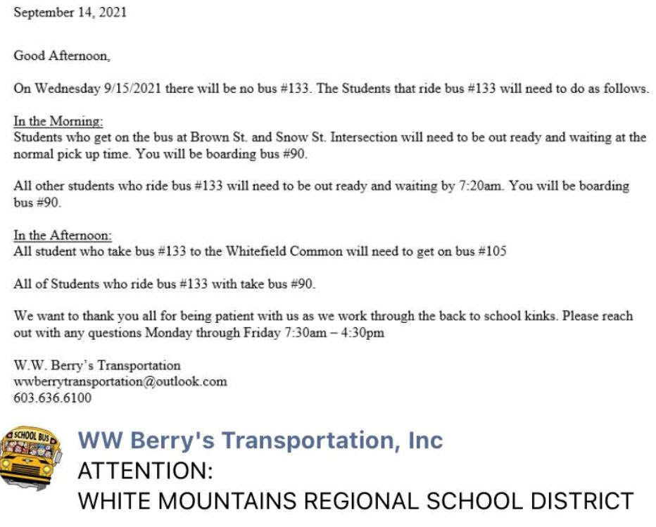 WW Berry Transportation Notice 09/15/21