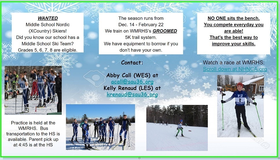Invitation to join WMRHS Nordic Ski Team.  Pictures of students on skis.